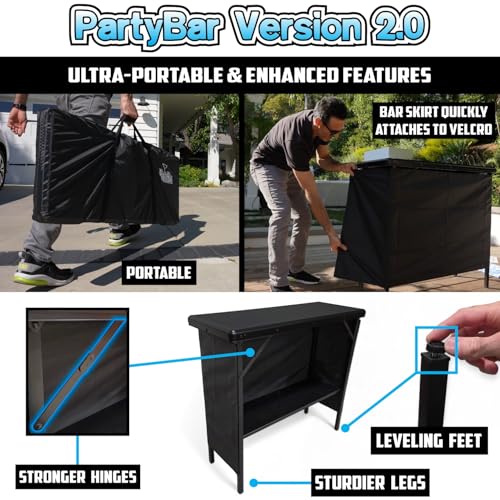 Image of PartyLife Glowing LED Surface Portable Bar Table w /Mobile App, Folding Steel Legs, 2 Bar Skirts, Supportive Storage Shelf & Carrying Case - Custom Skirt