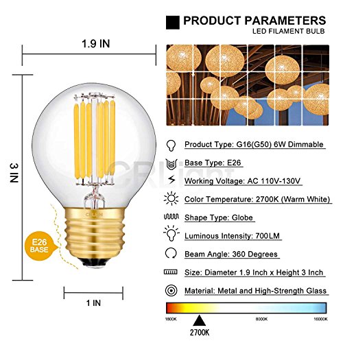 Crlight 6W Edison Led Globe Bulb 2700K Warm White, 70W Equivalent 700 Lumen Dimmable, E26 Base Vintage Edison Style G16 Globe Clear Glass Ceiling Fan Bathroom Led Filament Light Bulbs, 6 Pack #TOP2