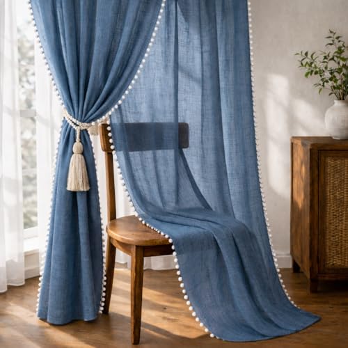 Image of THE LINEN COMPANY Cotton Linen Textured Sheer Eyelet Curtains with Side Border Pompom for Long Door or Balcony, Linen Texture Light Filtering Curtain Panels, Natural, 8 Feet, Pack of 1