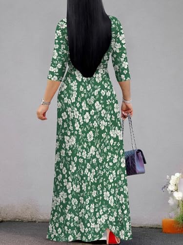 Image of PinkPatty Plus Size Maxi Dress for Women Casual V Neck 3 /4 Sleeve Boho Printed Long Dress with Pockets