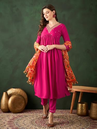 Image of SheWill Women's Mustard American Crepe Zari Sequence Embroidered Alia Cut Kurta with Pant and Dupatta