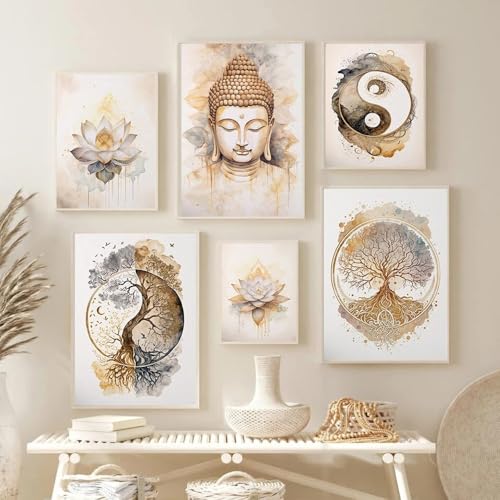 Cuadro Zen Salon Laminas Decorativas Pared Budas Árbol de la Vida Yin Yang Flor de Loto Decoracion Salon Dormitorios Pasillo Baño Poster Beige Lienzo