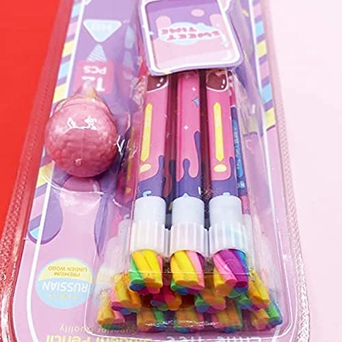 Image of 24 Pcs HB Pencils Set with Cute Ice Cream Erasers - Cartoon Theme Colourful School Pencils for Girls, Boys, Kids, Drawing, Homework, Birthday Return Gifts, Stationery Kit