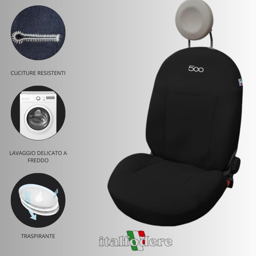 Italfodere - Coppia di Coprisedili Auto anteriori - Compatibili con Fiat 500 dal 2007 In poi- Fatti a Mano - Cotone - Gommapiuma e Poliestere - Accessori Auto Interno - Made in Italy - Diger Nero