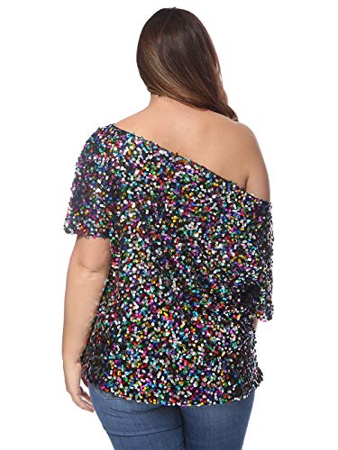 Anna-Kaci Women's Plus Size Sequin Sexy One Shoulder Short Sleeve Party Club Top2