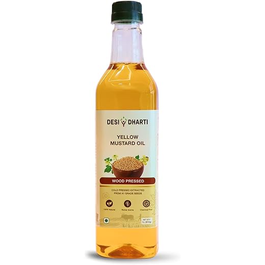 Desi Dharti Premium Wood Cold Pressed Yellow Mustard Oil - 1L | Natural & Pure, Unrefined, Rich Aroma, Omega-3 & Antioxidants | A1 Grade Mustard Seeds | Ideal for Cooking, Frying, Pickling & Daily Use