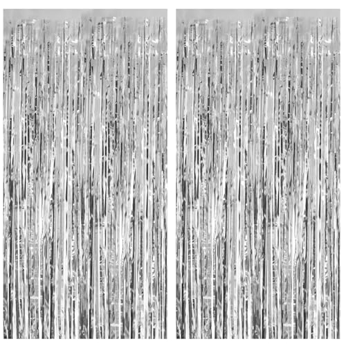 Entisn Silver Foil Fringe Curtains 2Pk Tinsel Backdrop Party Decor