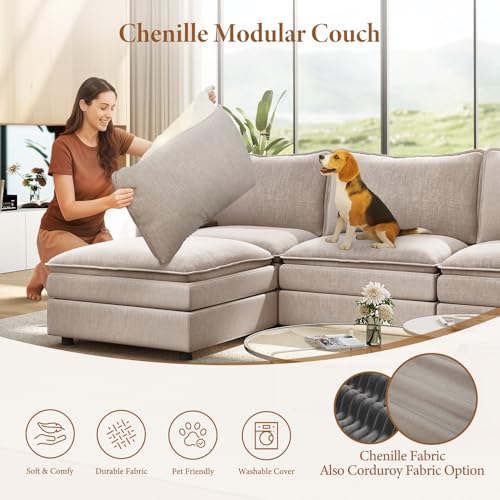 Image of Vesgantti 101 inch V-Shaped Corner Couch Sectional, 7 Seat Customizable Modular Cloud Couches with Movable Ottoman, Chenille Deep Seat Sofa Set with Chaise for Living Room, Bedroom and Apartment, Brown