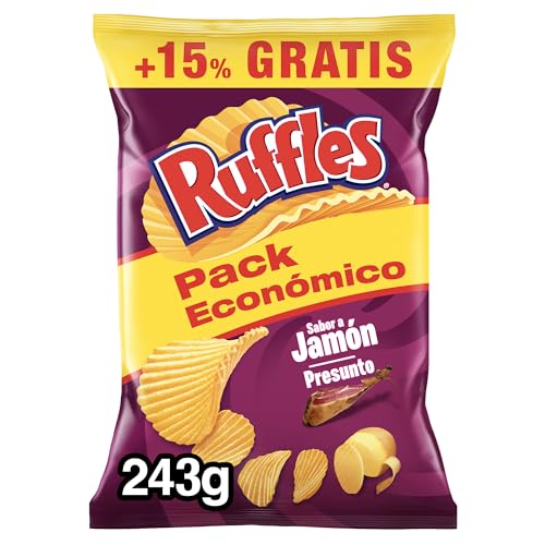 Ruffles Jamón, Patatas Fritas con sabor a jamón, Producto de Aperitivo, bolsa familiar, 243 gr