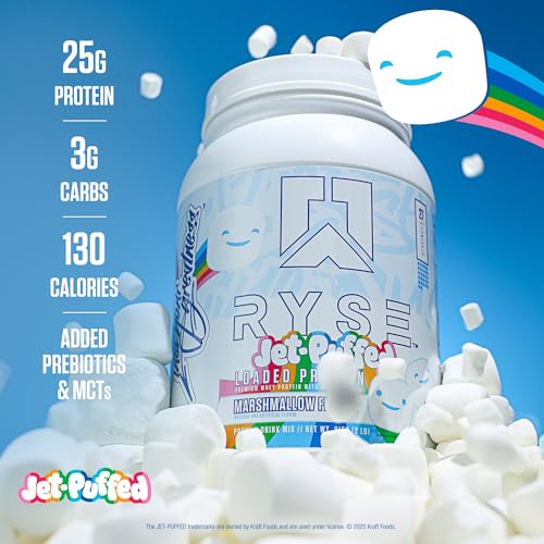 ryse loaded protein powder - jet-puffed marshmallow - 25g whey protein isolate amp concentrate with prebiotic fiber amp mcts - low carb low sugar digestive-friendly - 27 servings  2 lb tub