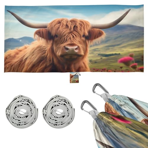 SDMKA Highland Cow Camping Hammock, 330 lbs with 2 Tree Straps, Carry Bag, Single Portable Hammock for Outdoor/Indoor, Hiking, Beach, Backpacking, Travel