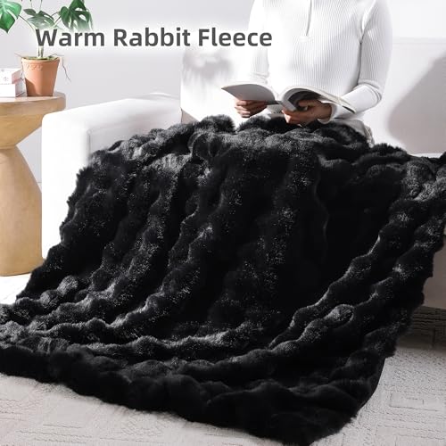 Smoofy Faux Fur Throw Blanket for Couch – Black Fluffy Cozy Rabbit Fleece, Plush Soft Bubble Blanket for Sofa & Bed, for Mom, Warm Fuzzy Home Room Decor Throw 50" x 60"