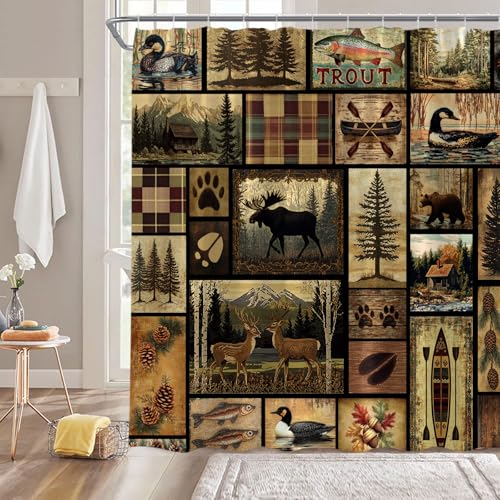 Rustic Cabin Shower Curtain Moose Deer Bear Pine Tree Farmhouse