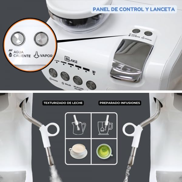 Bilake Cafetera Blanca | Espumador de Leche | Cafetera automática con Molinillo | Espreso y capsulas Compatible nespreso y Dolce Gusto