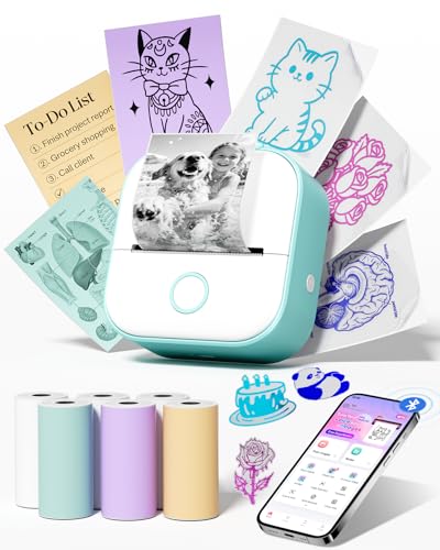 Image of Memoking Mini Sticker Printer Box T02 Mini Printer - AI Sticker Maker for Kids, Print Pod Bluetooth Mini Thermal Printer Gift for Teen Girls & Boys, for Study Note, Journal, Photos, DIY, Gift, 6 Rolls