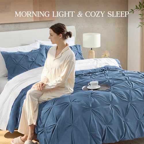 Image of Andency Full Pinch Pleat Comforter Set (79 inchx90 inch),3 Piece Lightweight Pintuck Bedding Comforters & Sets, Fluffy Down Alternative Comforter with 2 Pillow Shams for All Season,Ocean Blue
