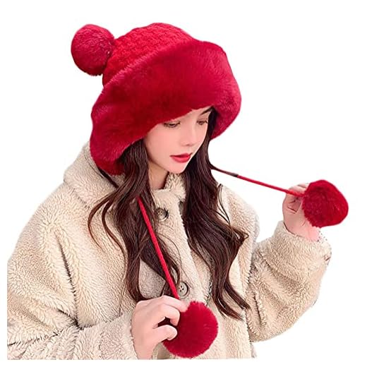 Winter Pompom Beanie Hats for Women Fluffy Knit Womens Beanie Faux Fur Crochet Skull Cap Warm Bucket Outdoor Ear Cover Red