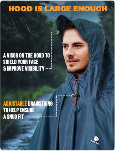 Image of ANYOO Hooded Rain Poncho for Adults Waterproof Lightweight Rain Coat for Men Women Reusable Rain Jacket for Emergency Outdoor