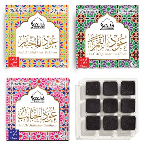 Oud Al Mukhtar, Oud Al Qamar, Oud Al Habayeb Bakhoor da Dukhni | 3 x 9 peças cada | Incenso Bakhoor árabe sortido | Perfeito para relaxar, meditar e orar | Rico, luxuoso e duradouro