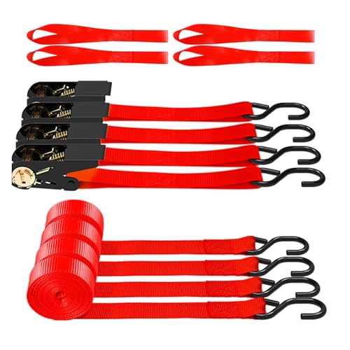 AWELCRAFT Ratchet Straps 4 Pack,1 Inch x 15 Feet Tie Down Ratcheting Strap,1500lb Breaking Strength with S-Hook,4X Soft Loops for Moving Appliances,Lawn Equipment,Truck,Motorcycle(Red)