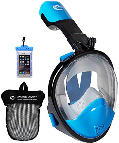 HELLOYEE Full Face Snorkel Mask for Adults Kids Panoramic View Snorkeling Mask Free Breathing Anti-Fog Anti-Leak Design with Detachable Camera Mount (Black-Blue, XS)