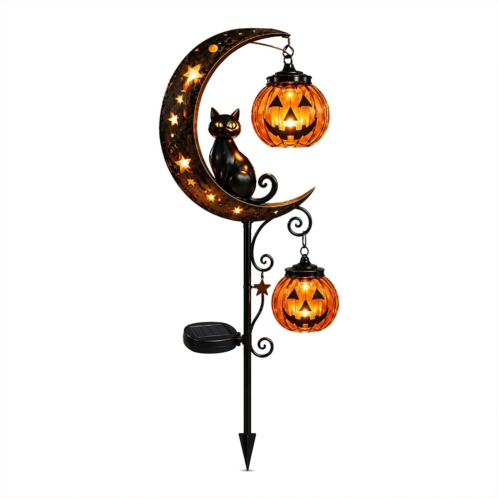 Pumpkin Moon Garden Stake, Pumpkin Moon Garden Stake Light, Solar Halloween Black Cat Garden Stake Light, Hanging Jack-O'-Lantern Lantern for Garden, Patio, Walkway, Porch (Style C)