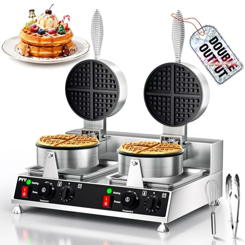 Image of PYY Commercial Waffle Maker, Double-Head Round Waffle Baker Machine, 2500W Stainless Steel Non-Stick Electric Waffle Iron with Temp & Timer Control, for Restaurant Bakery Snack Bar Cafe