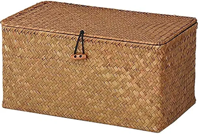 Cesta Mimbre con Tapa de Seagrass Natural - Almacenaje Rectangular Mediano 30x18x15cm