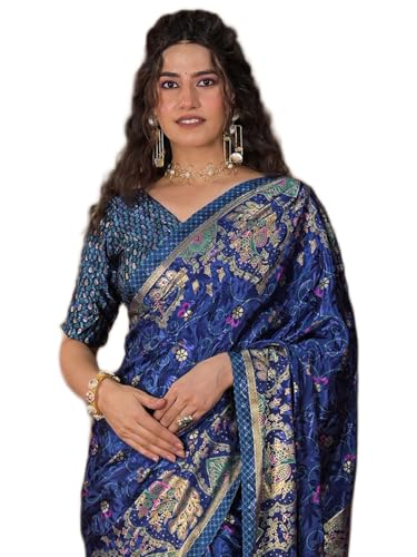 Image of Satrani Women's Crepe Foil Printed Weaving Banarasi Saree with Unstitched Blouse Piece