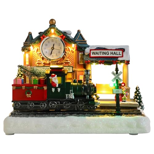 Vipush Christmas Village House Decorations Resin Railway Station Platform Home Decor Indoor Building Figurines Revolving Train with LED Light and 8 Christmas Music for Kids