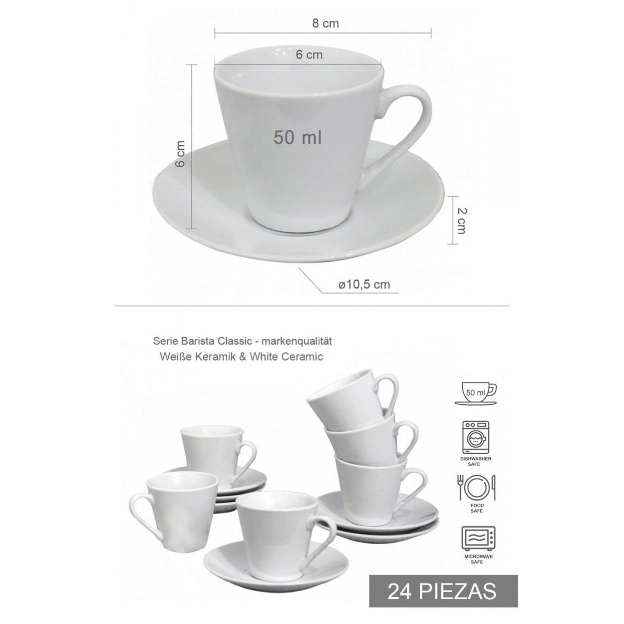 Hogar y Mas Juego de Café Barista Classic 24 Piezas 12 Tazas y 12 Platos de Porcelana Blanca. Servicio de Café para 6 Personas