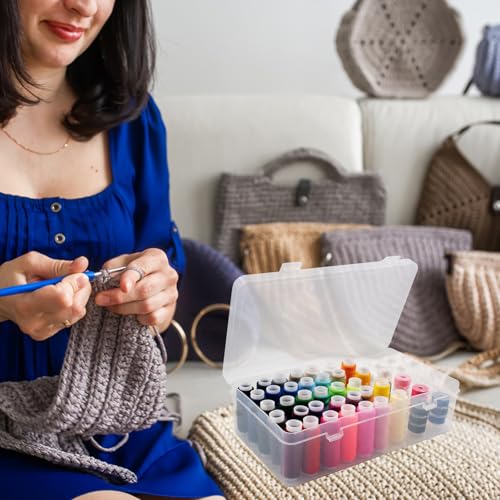 Image of 42 Slot Sewing Thread Box with 58 Types of Sewing Threads, Portable Transparent Storage Box Bobbin Needle Spool Organizer for Embroidery and Quilting, 9.25 x 5.3 x 2.5 Inch (with Threads)