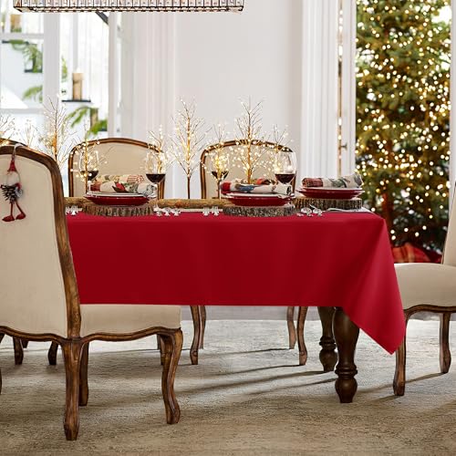 Image of sancua 2 Pack Red Tablecloth 60 x 84 Inch, Rectangle 4 Feet Christmas Table Cloth - Stain and Wrinkle Resistant Washable Polyester Table Cover for Dining Tables, Buffet Parties and Camping