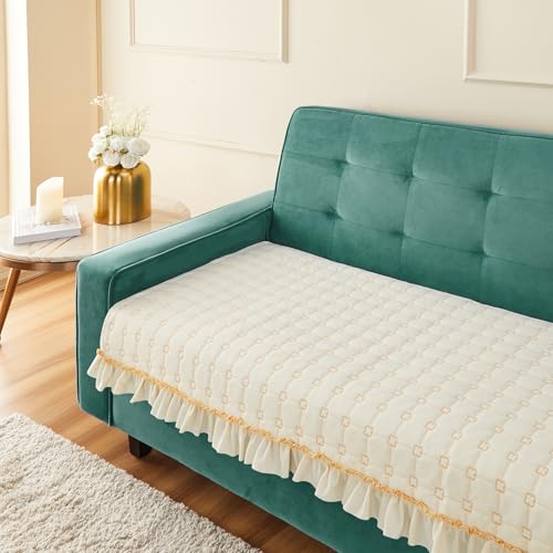 Image of Amazon Basics Quilted Sofa Cover for Three Seater, Modern Grid Pattern, Non-Slip Sofa Pad, 70x180 cm, Soft Silicone Grip Dots, 100% Polyester, Machine Washable - Off-White