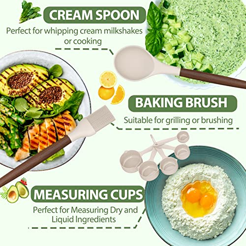 33 Pcs Silicone Kitchen Utensils Set, Khaki Kitchen Cooking Utensils Set With Black Natural Walnut Hard Wood Handle, Silicone Utensils Set With Holder, Heat Resistant, Bpa Free, Non Toxic #TOP5