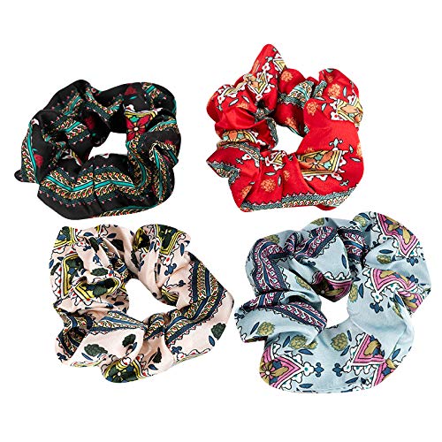 MANDI HOME 4 Pcs Boho Floral Prints Vivid Color Hair Scrunchies Big Pattern Hair Bobbles Elastics Ponytail Holders Hair Wrist Ties Bands Scrunchies for Sleep Show Dance Party Women Gift