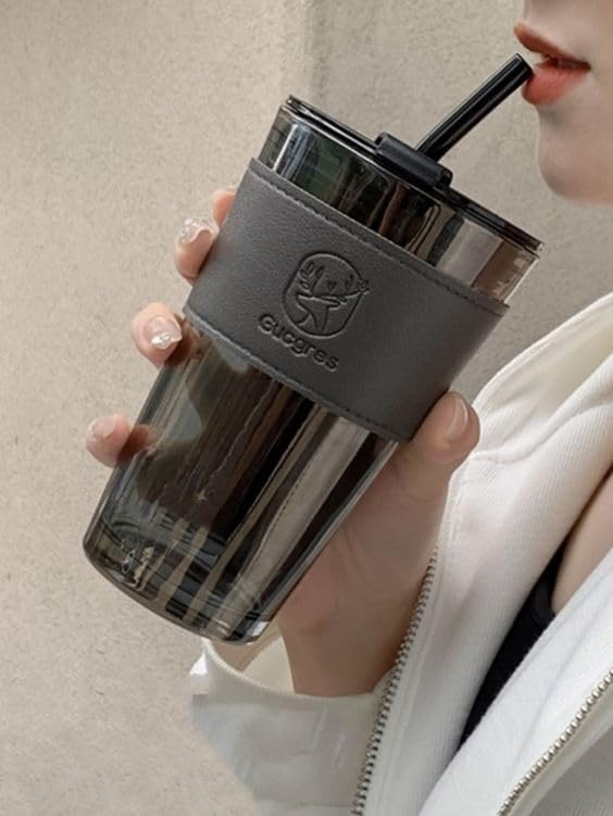 Image of Reusable Glass Tumbler with Lid & Straw Pack of 1, 450ml Multipurpose Drinking Glasses Coffee Sipper Mugs for Juice Smoothies Iced Tea Indoor & Outdoor Cup