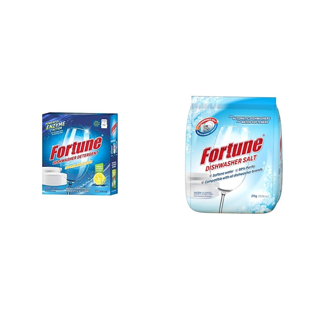 Fortune Dishwasher Detergent Powder - 1 Kg| Powerful Enzyme Cleaning for Tough Grease & Food Stains | Designed for Indian Cooking | For All Dishwashers & Dishwasher Salt Pouch 2 Kg | Softens Hard-image-45