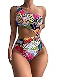 MakeMeChic Women's Cut Out One Piece Swimsuit Monokini One Shoulder Bathing Suits Graphic Print L