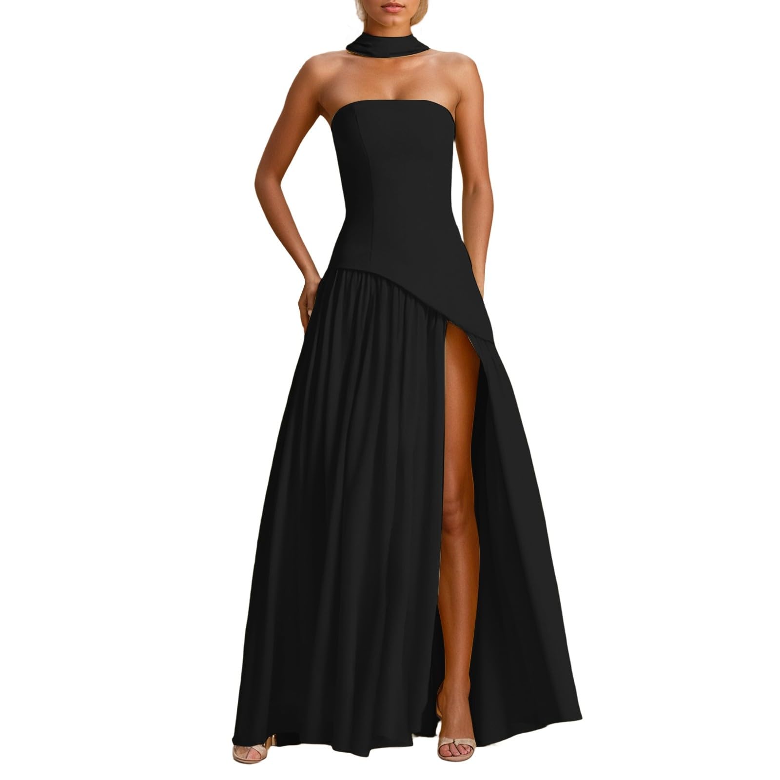 Vestido de noche para mujer, hombros descubiertos, sin tirantes, vestido de cóctel con bufanda sin espalda, maxi vestido con abertura alta, boda, invitado de graduación, fiesta, elegante