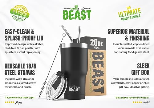 Image of Greens Steel Beast Tumbler Insulated Stainless Steel Coffee Cup with Lid, 2 Straws, Brush and Box (20 oz, Matte Black)