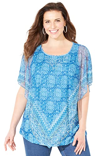 Catherines Women's Plus Size Poncho Duet Blouse - 4X, Teal Border Green (5681) #TOP16