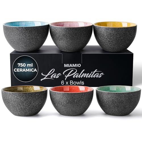 MIAMIO - 750 ml, Set di 6 ciotole, ciotola in ceramica, ciotola per insalata, ciotola per zuppa, ciotola per cereali - Adatto per microonde, lavastoviglie e forno - Collezione Las Palmitas