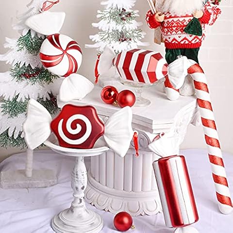 HiCollie Christmas Candy Pendant 4 Pack Large Xmas Tree Candy Hanging Giant Red & White Glitter Candy Cane or Sweet Christmas Tree Display Xmas Decor Christmas Decorations Cover