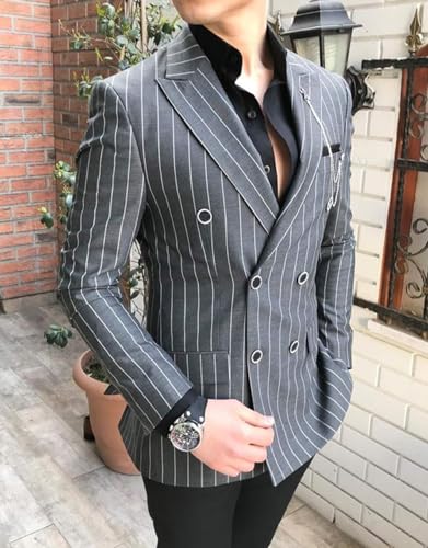 Generic Mens Double Breasted Blazer Pinstripe Suit Jacket Slim Fit Peak Lapel Tuxedo Wedding Jacket Sports Coat(1 Jacket)3