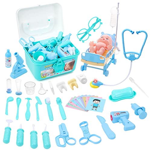 deAO Maletín de Doctor 4 en 1 con Temática de Hospital, Enfermería, Clínica Dental y Laboratorio Clínico Juego de Imitación para Niños y Niñas Incluye Accesorios con Luz y Sonidos Cover