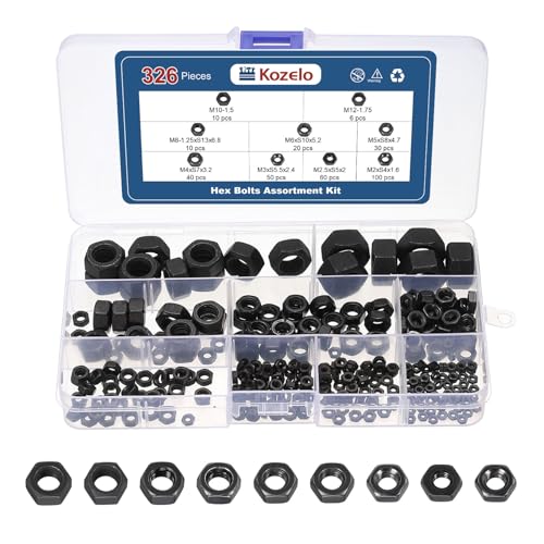 Écrous hexagonaux de M2 à M12 en acier carbone, boîte d'assortiment de 326 pièces pour vissage