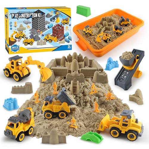 YIDESTARS Construction Toy Set for Ages 3+ - Mixer, Excavator, Bulldozer, Dump Truck, Conveyor, Tools - Includes 3 lbs Play Sand, 8 Castle Molds, 6 Figurines - Ideal Gift with Lid Sandbox Storage