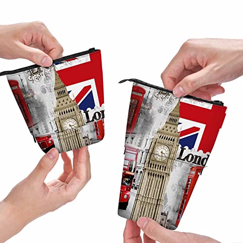 Image of Swono London Symbols Pencil Pouch Vintage England Bigben Double Decker Bus Red Phone Booths England Stand Up Pencil Case Organizer Pencil Holder Makeup Bag Gift Colorful
