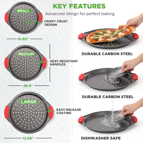 Image of NutriChef Pizza Tray, Nonstick Baking Pan with Perforated Holes,3 Piece, Round Carbon Steel Premium Bakeware Pizza Screen with Silicone Grip Handles, Dishwasher Safe - Small, Medium, Large Sizes, Grey